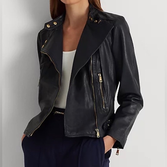 LAUREN Ralph Lauren Tumbled Leather Moto Jacket Dark Navy